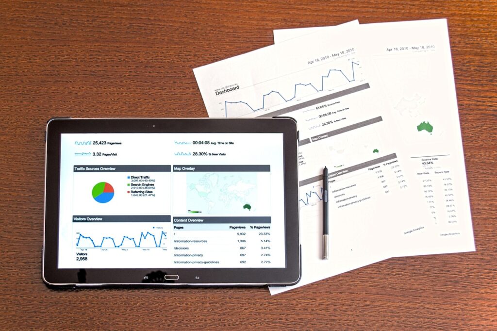 a tablet and papers showing graphs.